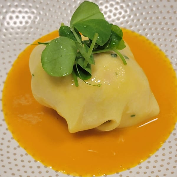A single piece of pasta, topped with fresh greens, rests in a vibrant orange sauce.